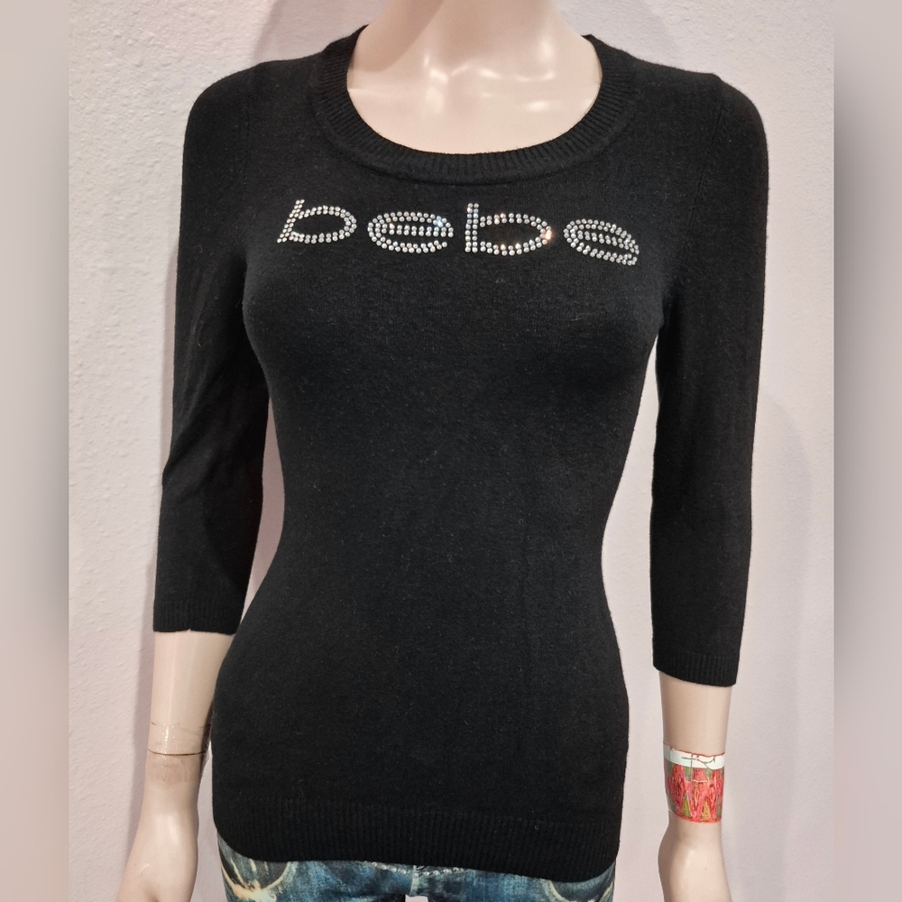Bebe Crystals Logo Black Round Neck Lightweight Sweater - Small.